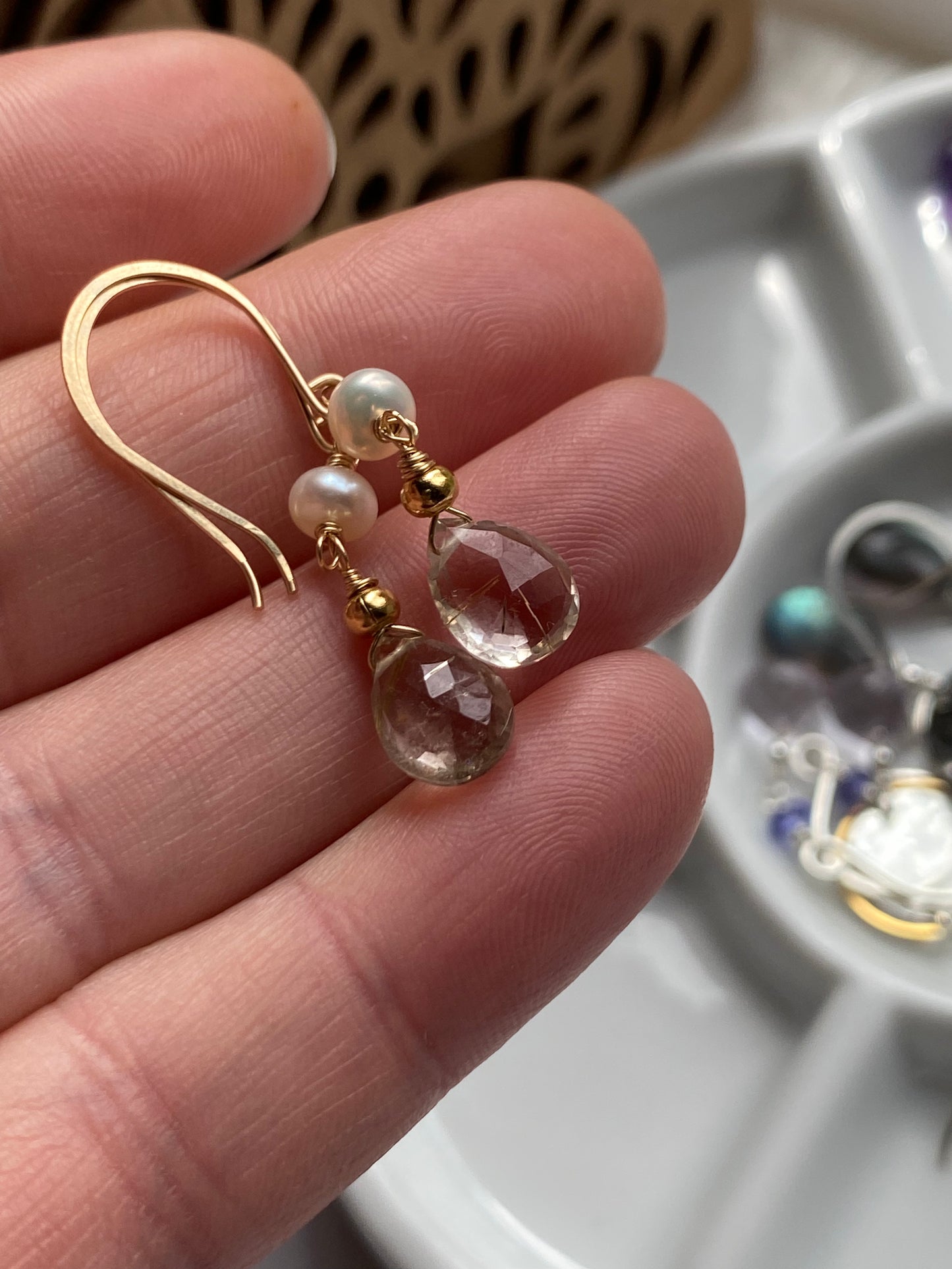 White sands at dawn - freshwater pearls and rutilated quartz, 14k gold filled