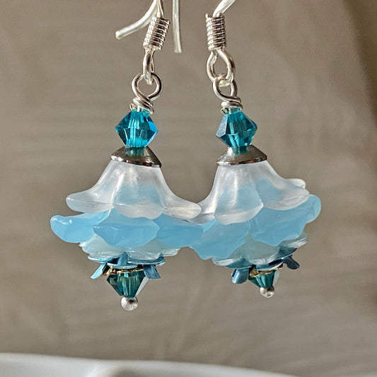 Clearance Flower earrings in baby blue and white on silver hooks