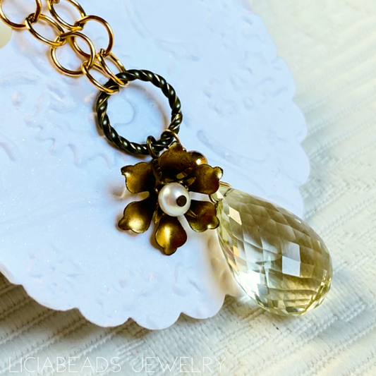 Drop of summer - lemon quartz gemstone, 14 karat gold filled necklace