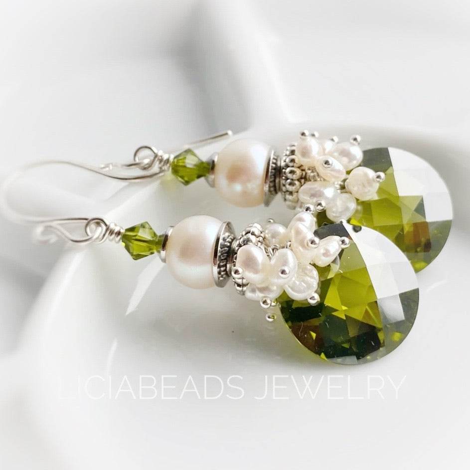 Manhattan Olive, green cubic zirconia and freshwater pearls