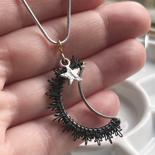 Dark Moon, silver star Necklace.  The Celestial Collection.