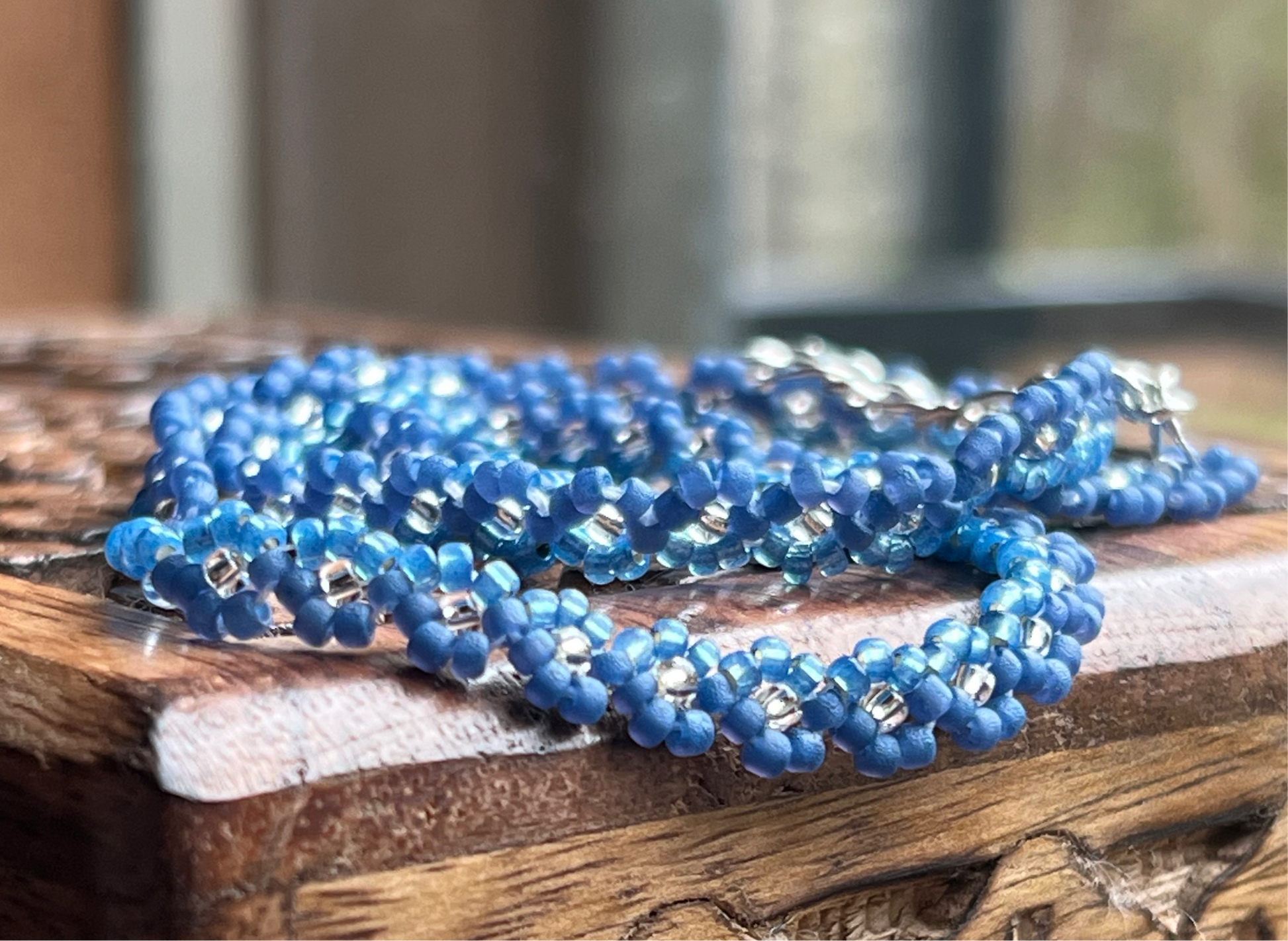 Denim blue beaded flower chain necklace