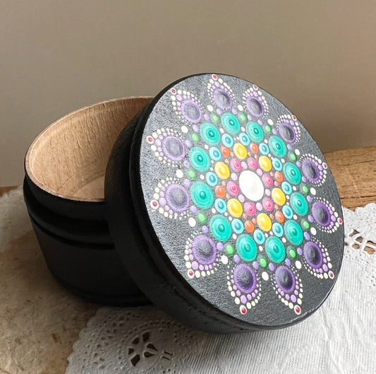 Mandala painted large keepsake box, Rainbow Dahlia (721c)