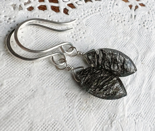 Tourmalinated quartz marquise and sterling silver earrings