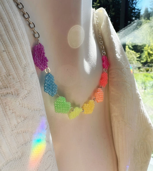 Rainbow heart chain necklace, silver plated 18”