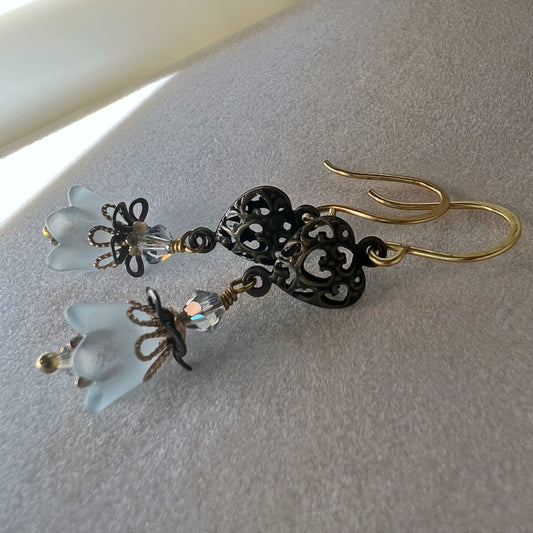 Clearance Flower earrings in smoke grey with filigree hearts, gold plated finishings