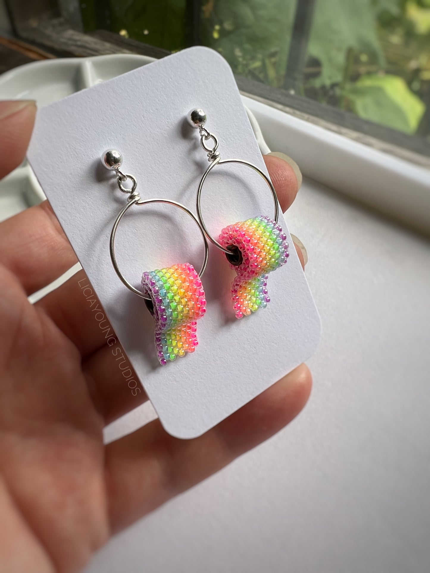 Florescent Rainbow Toilet paper earrings on sterling silver studs