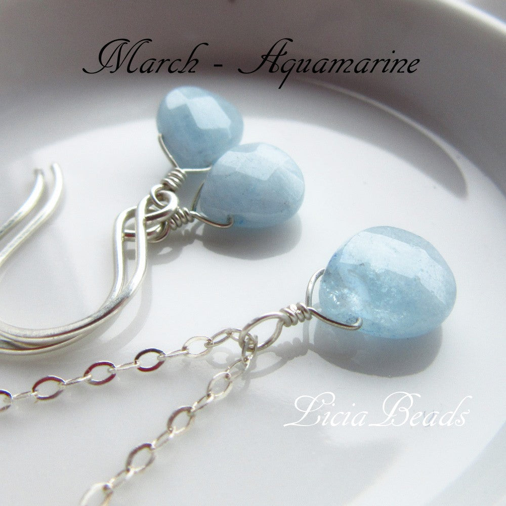 Aquamarine - March birthstone earring and necklace set on sterling silver, limited supply