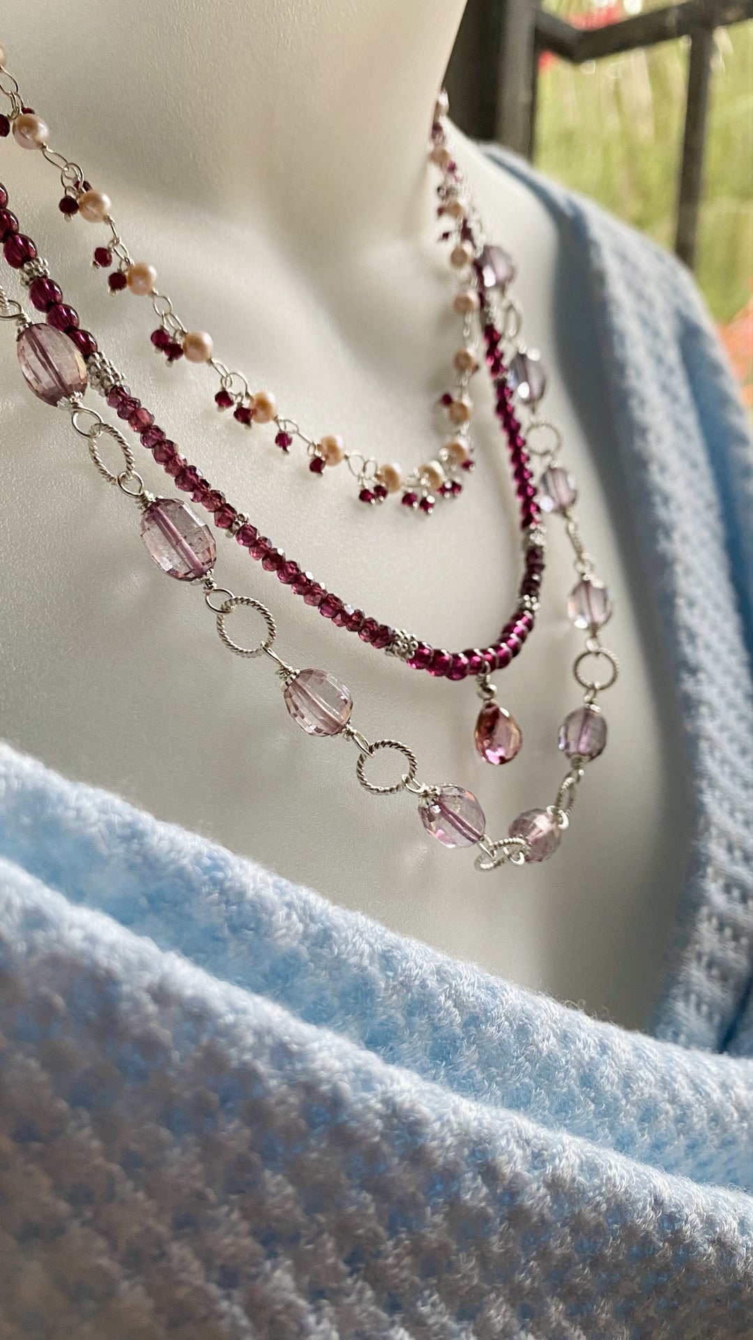 Pink pearl and garnet cluster chain necklace