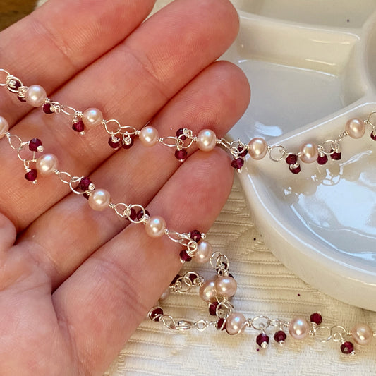 Pink pearl and garnet cluster chain necklace