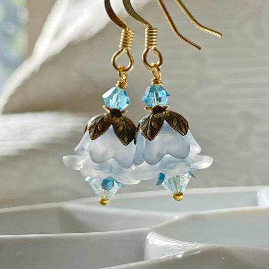 Clearance Flower earrings in soft cloud blue and antiqued brass
