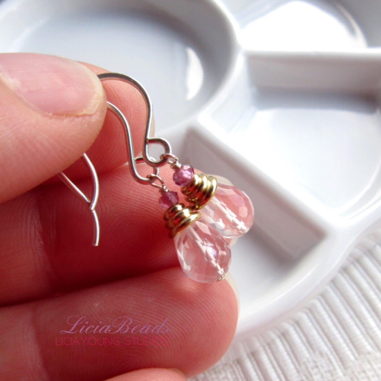 Rose quartz and rhodolite garnet gemstone earrings