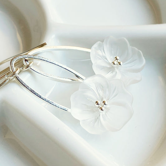 Clearance White frost flower earrings on silver ovals, sterling ear hooks