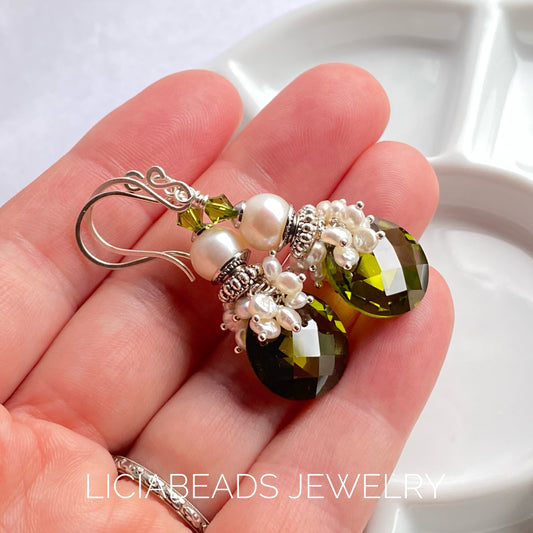 Manhattan Olive, green cubic zirconia and freshwater pearls