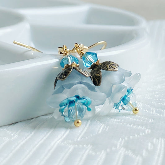 Clearance Flower earrings in soft cloud blue and antiqued brass