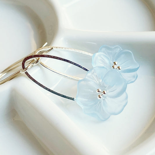 Clearance Sky blue flower earrings on silver ovals, sterling ear hooks