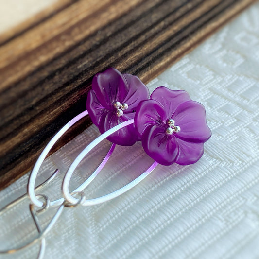 Clearance Purple flower earrings on silver ovals, sterling ear hooks