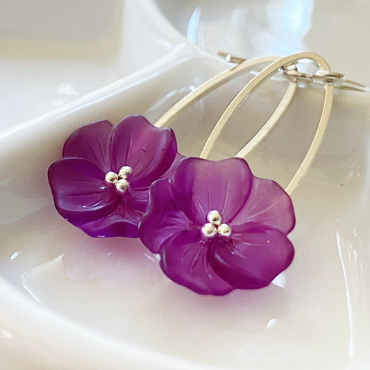 Clearance Purple flower earrings on silver ovals, sterling ear hooks