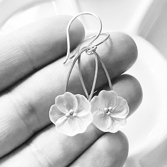 Clearance Frosted white poppy flower earrings on oval loops