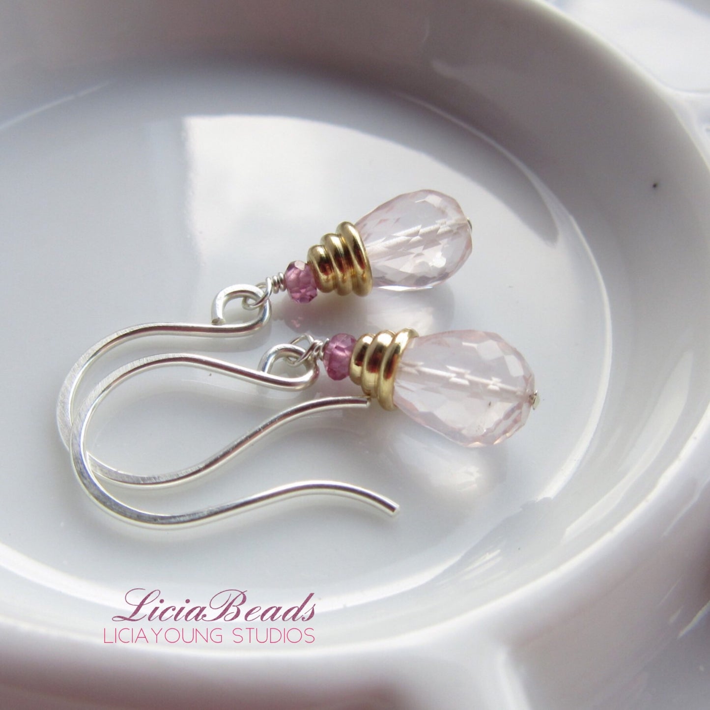 Rose quartz and rhodolite garnet gemstone earrings