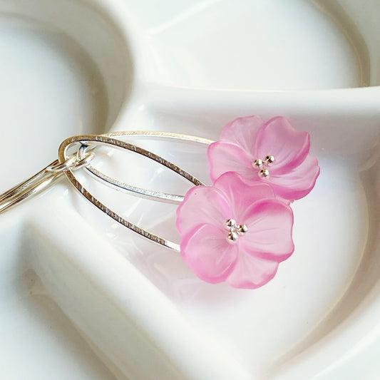 Clearance Pink flower earrings on silver ovals, sterling ear hooks