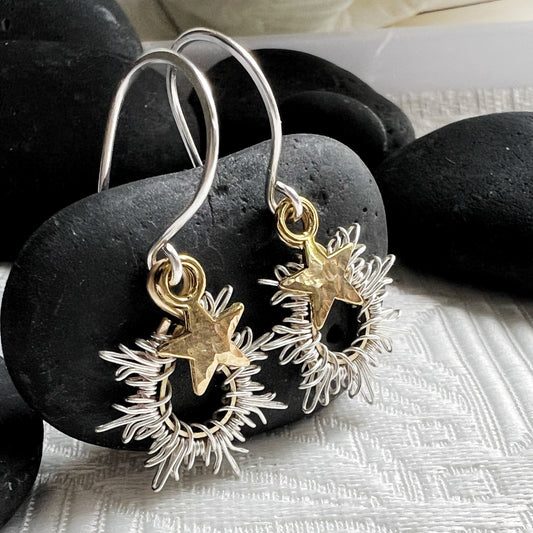 Tiny Starburst Earrings with gold star.  The Celestial Collection.