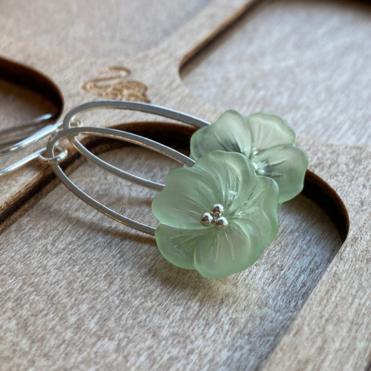 Clearance Mint green flower earrings on silver ovals, sterling ear hooks