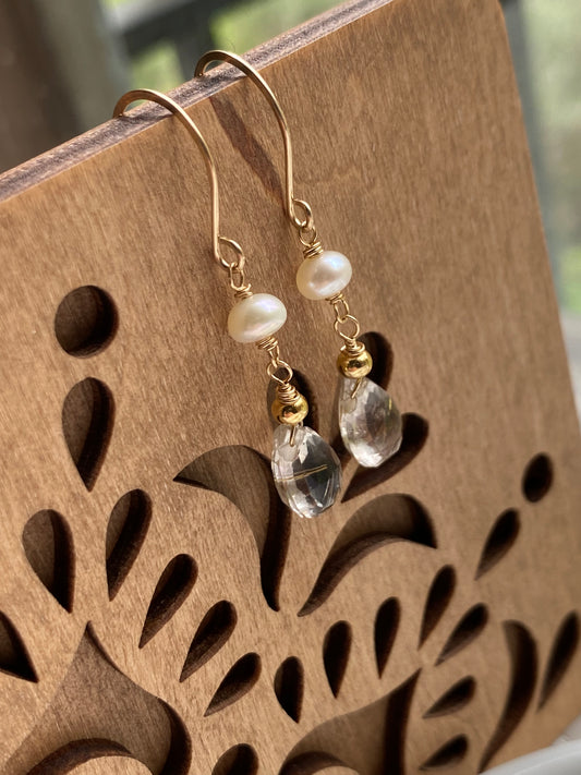 White sands at dawn - freshwater pearls and rutilated quartz, 14k gold filled