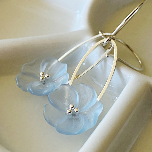 Clearance Sky blue flower earrings on silver ovals, sterling ear hooks