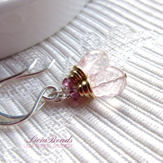 Rose quartz and rhodolite garnet gemstone earrings