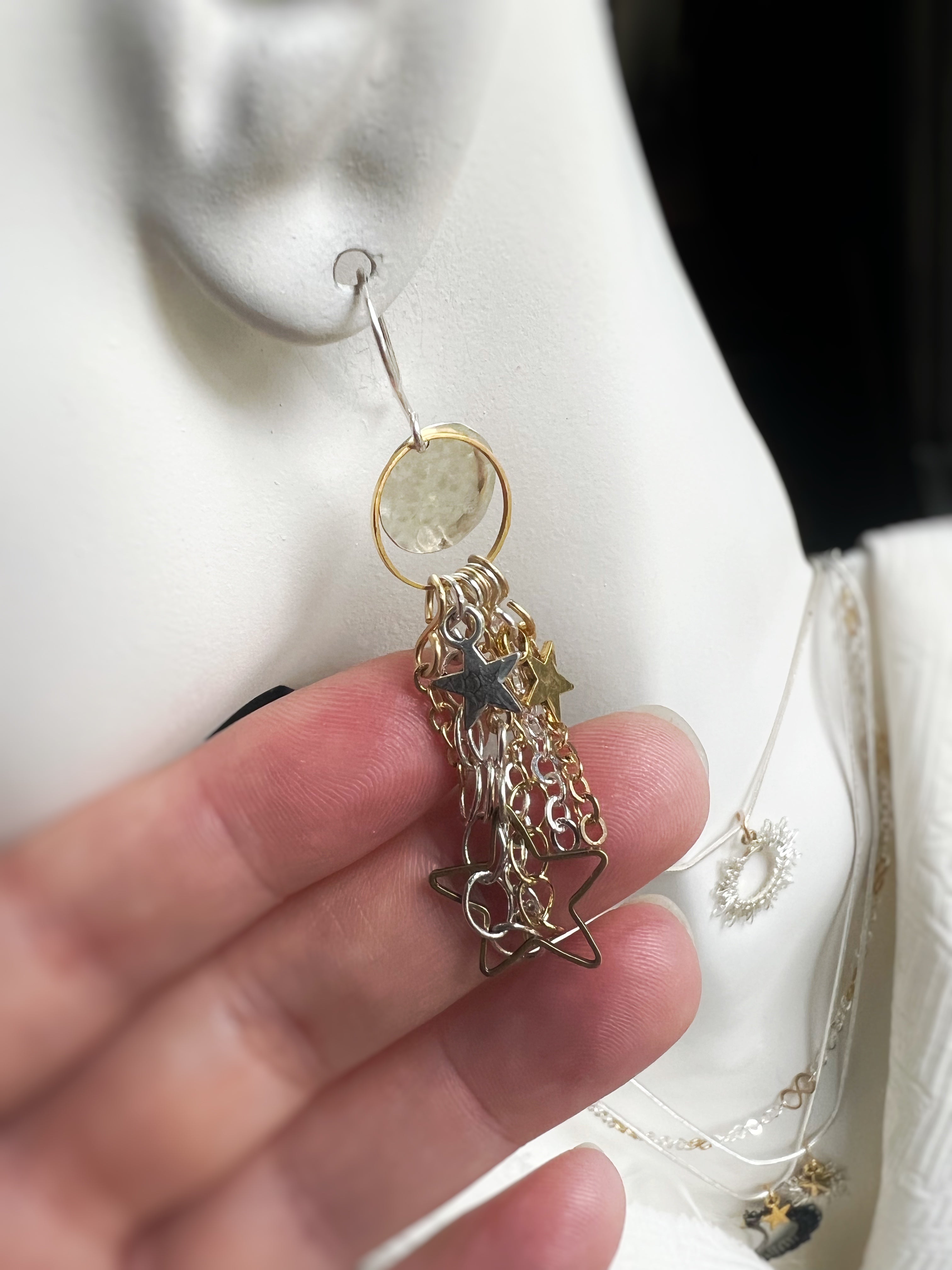 Galaxy Earrings mixed metal chain and star clusters. The Celestial Collection
