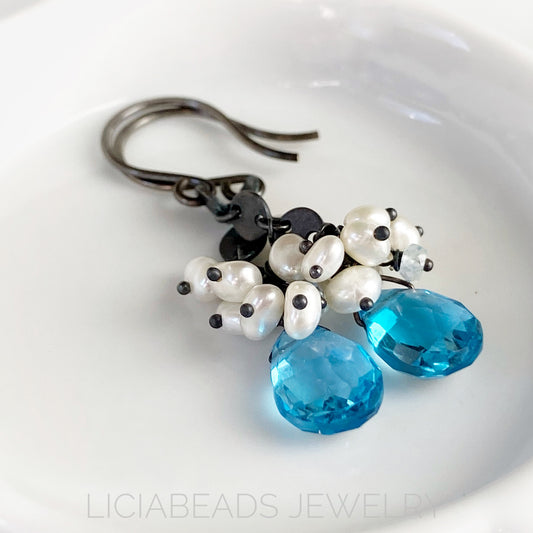 Swiss Blue topaz and pearls on blackened sterling silver