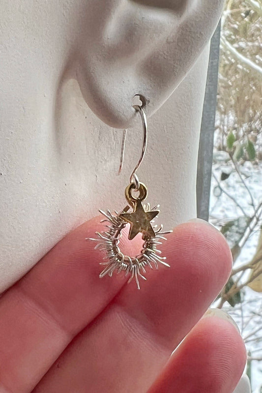 Tiny Starburst Earrings with gold star.  The Celestial Collection.